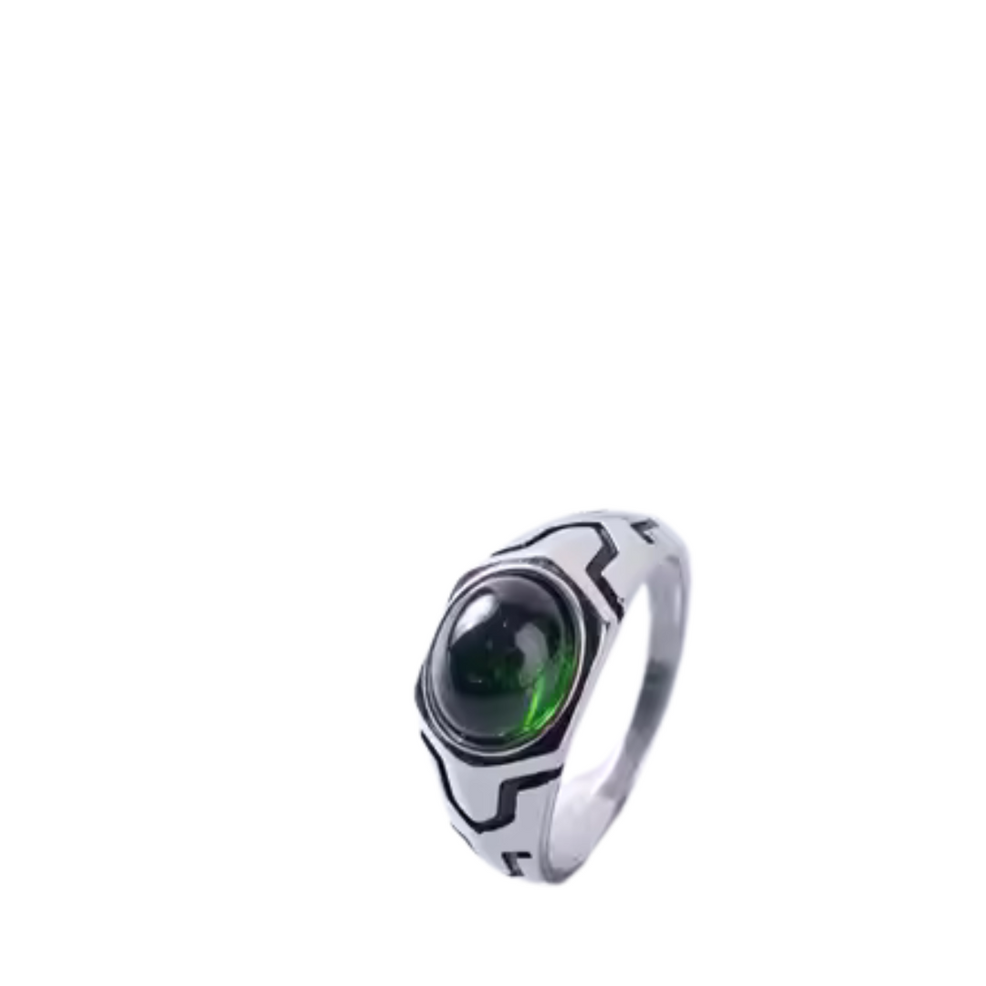 VINTAGE OVAL GREEN PATTERNED GEMSTONE STAINLESS STEEL RING