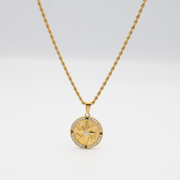 COMPASS COIN PENDANT NECKLACE — STAINLESS STEEL, 18K GOLD PLATED (WITH 2.5MM 22” ROPE CHAIN)