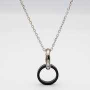 INTERLOCKING CIRCLES PENDANT NECKLACE — STAINLESS STEEL, BLACK ENAMEL (WITH 2MM 20+2” CABLE CHAIN)