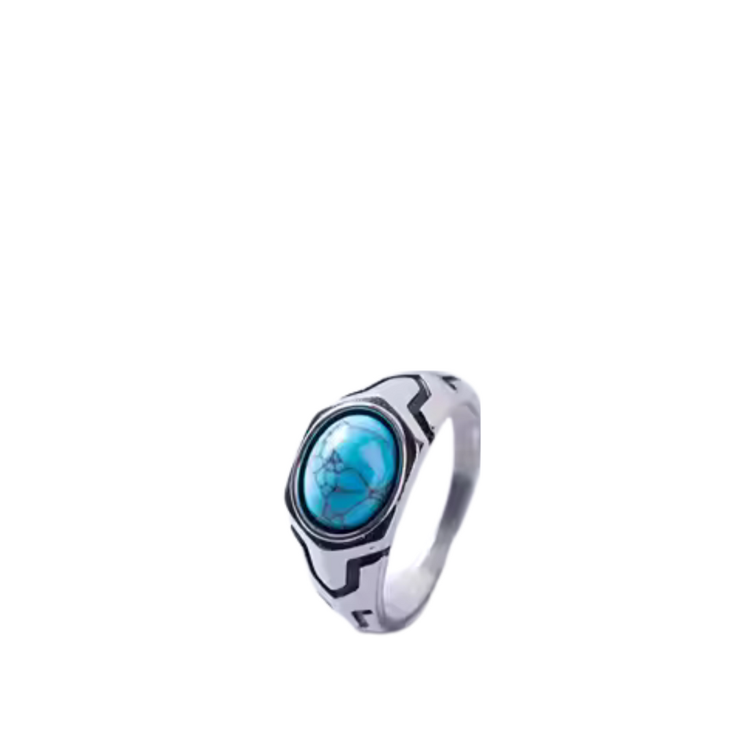 VINTAGE OVAL TURQUOISE PATTERNED GEMSTONE STAINLESS STEEL RING